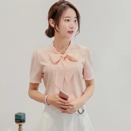 Women's Blouses Bright Colors Women Top Chic Lace-up Collar Chiffon Blouse Stylish Spring/summer Workwear With Bowknot Detailing Long