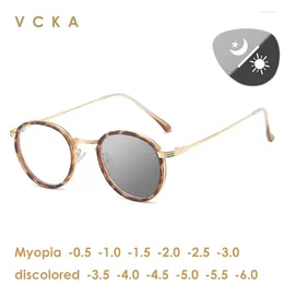 Sunglasses VCKA Pochromic Prescription Glasses Myopia -0.5 To -10 Men Women Round Frame Nearsighted Spectacles Blue Light Blocking