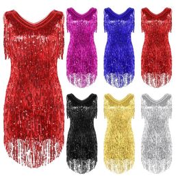 Stage Wear Women Ladies V Neck Sleeveless Sparkling Sequin Tassels Fringe Ballroom Samba Tango Latin Dance Dress Costume