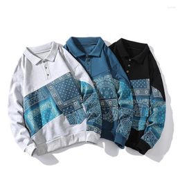 Men's Hoodies 2024 Autumn Long Sleeved POLO Sweater Jacket Hong Kong Style Casual Retro Printed Colour Block T-shirt