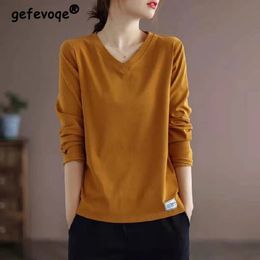 Autumn Solid Loose Casual Long Sleeve Tshirts Vintage Tops Women V Neck Aesthetic Chic Pullovers All Match Female Clothes 240124