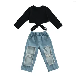 Clothing Sets 2 Pieces Kids Suit Set Girls Solid Colour O-Neck Long Sleeve Hollow Out Bandage Shirt Tops Ripped Jeans Spring Fall 2-7 Years