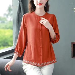 Women's Blouses 2024 Summer National Style Young Mother Outfit Pure Colour Single-breasted Embroider Shirt Female Tops T19