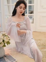 Women's Sleepwear Retro French Gown Womens Sweet Spring Nightdress Mesh Home Sexy Dressing Fairy Pajamas Princess Nightgown Style Autumn