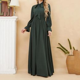Ethnic Clothing Satin Woman Dress Ramadan Muslim Fashion Belted Abaya Dubai Turkey Arabic Maxi Dresses Islam Robes Bow Collar