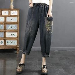 Women's Jeans Retro Printed Large Pocket Cropped For Summer Slim Fit Loose And Slimming Colour Blocking Harlan Carrot Pants 2024