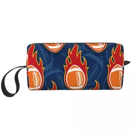 Cosmetic Bags Gridiron American Football Balls Fire Flames Makeup Bag Pouch Burning Rugby Travel Toiletry Organizer Storage