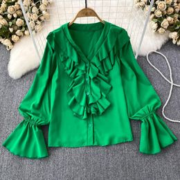 Women's Blouses Long Sleeved Ruffles Shirts Women V-neck Ruffled Loose Casual Top