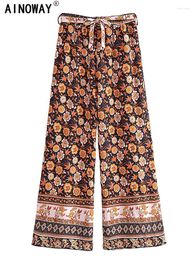 Women's Pants Vintage Chic Women Black Floral Print Bohemian Wide Leg Pant Ladies Mid Waist Loose Rayon Boho Long Oversize Trousers