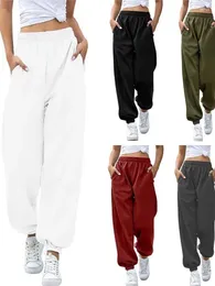 Women's Pants Women High Elastic Waist Casual Loose Solid Colour Pocket Spring Autumn Ladies Female Wide Leg Sports Cuffed Trousers