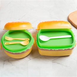 Plates Hamburger Lunch Box Double Tier Cute Burger Bento Lunchbox Microwave Container Fork Tableware Set Home Kitchen Supplies