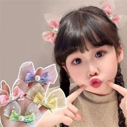 Hair Accessories 2Pcs Bow Clips Fashion Children 3D Headdress Princess Pearl Hairpin Candy Color Mesh