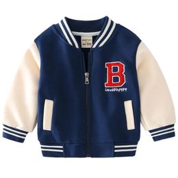 Autumn Winter Boys Zipper Jacket Kids Fleece Outerwear Baby Embroidery Letters Baseball Uniform Children V-Neck Casual Top 240123