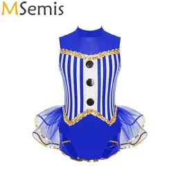 Stage Wear Kids Girls Gymnastic Leotard Dance Costume Open Back Striped Tulle Skirted Ballet Ballerina Performance Dresses