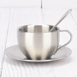 Cups Saucers 180/200ml Stainless Steel Coffee Cup Dish Set Double Layered Milk European Style And Plate Creative Gift
