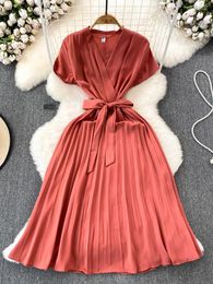 Party Dresses Elegant Solid V-neck Short Sleeve Folds Vestido Women Casual Lace-up Pleated Chiffon Dress 2024 Tide Summer