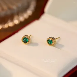 Stud Earrings Girls 925 Sterling Silver French Light Luxury Baroque Carved Green Zircon For Women Wedding Party Jewellery