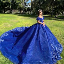Blue Shiny Off The Shoulder Crystal Ball Gown Quinceanera Dresses Sequined Appliques Lace Beads Sweet 16 Vestidos De 15 Anos