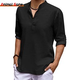 Men's Linen Long Sleeve V-neck T Shirt Solid Colour Oversize Casual Shirt Cotton Shirt Plus Size Yoga Button Shirts for Men 240118