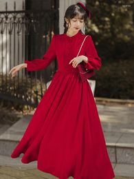 Casual Dresses Vintage Puff Sleeve Retro Large Swing Temperament High Waisted Burgundy Red Midi Long Dress For Women Robe Longue Femme