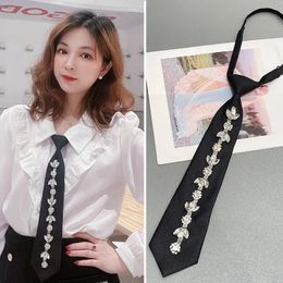 Retro Black Solid Neck Ties Student White Shirts for Women Crystal Rhinestones Bow Ties Casual Trendy Wedding Party Necktie 240202