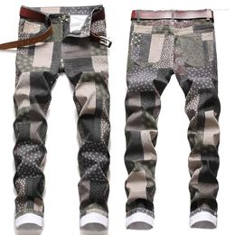 Men's Jeans 3D Design Slim-fit Elastic Small Straight Cotton Printing All Simple Green Chequered Pants