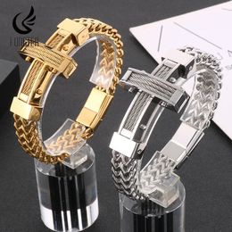 Fongten 21cm Mesh Bracelet for Men Stainless Steel Cable Cross Wristband Chain Male Bangle Bracelets Multiple Colour Jewellery 240124