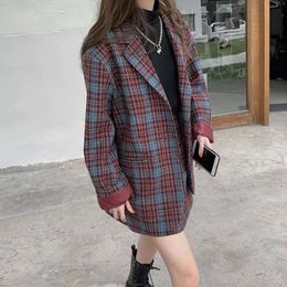 Fashion Tweed Plaid Blazer Suit Two Piece Set Women Double Breasted Casual Office High Waist Mini Skirt Suits Slim 240202