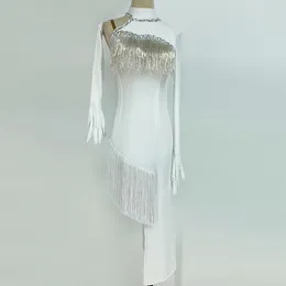 무대웨어 여성을위한 전문 라틴 댄스 스커트 긴 소매 흰색 럼바 삼바 차차 춤 성인 표준 드레스
