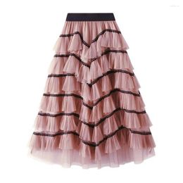 Skirts Women Skirt High Waist A-line Big Swing Ruffle Scattered Hem Pleated Patchwork Princess Style Ankle Length