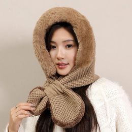 Berets Winter Lamb Velvet Hooded Scarf Gloves Cute Bear Ear Korean Edition Plush Riding Cold Protection Versatile Fashion Hat