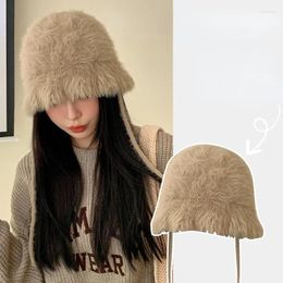 Berets Korean Imitation Hair Strap Bucket Hat Winter Furry Warm Trend Simple Temperament Soft Solid Colour Hats For Women