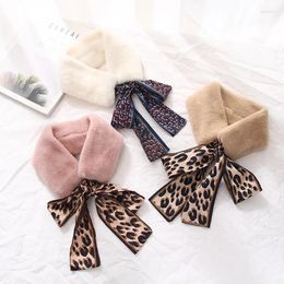 Scarves Sparsil Female Winter Furry Ring Scarf Leopard Ribbon Women Patchwork Faux Rabbit Fake Collar Fur Neck Warm Soft Muffler