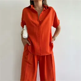 Women's Two Piece Pants Suit Summer Turn Down Collar Single Breasted Shirts Tops Ladies 2 Set Short Sleeve Solid Loose Casual Women Clothing