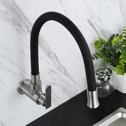 Kitchen Faucets Lead-Free Wall Mounted Stainless Steel Bathroom Flexible Rotatable Spout Sink Faucet Single Cold Water Tap Brushed