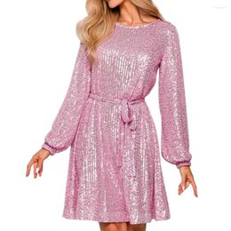 Casual Dresses Women Dress Sparkling Sequin Mini With Lace-up Detail Tight Waist For Shiny Round Neck Long Sleeve Party Club