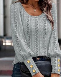 Women's T Shirts Elegant Top Autumn And Winter Fashion Button Decor Cable Textured Gigot Sleeve Casual Pullover Round Neck T-Shirt