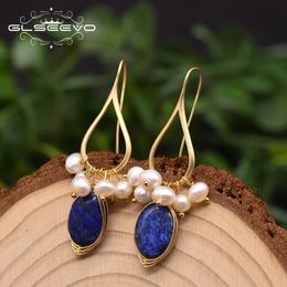 GLSEEVO Natural lapis lazuli Pearl Temperament Drop Earrings Women Girls Party Gift Original Design Luxury Jewellery GE0988 240125