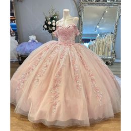 2024 Quinceanera Dresses Light Pink Embroidery Lace Appliques Off Shoulder Hand Made Flowers Crystal Beads Short Sleeves Plus Size Formal Party Prom Evening Gowns