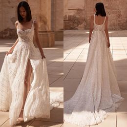 Nova A Milla Line Dress Straps Pearls Country Boho Wedding Dresses Beading Backless Ruffle Vestidos de Novia Split Designer Bridal Gowns ES Signer