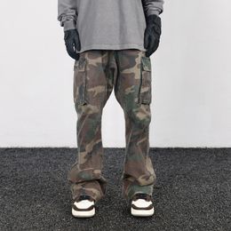 Camouflage Micro Flare Pants Fashionable Streetwear Camo Cargo Pants for Male Slim Fit Trousers Women Baggy Casual Clothes 240202