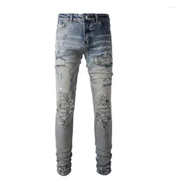Men's Jeans Men Light Blue Painted Streetwear Style Skinny Stretch Destroyed Holes Patch Slim High Street Graffiti Distressed Ripped