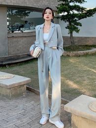 Women's Two Piece Pants Lnsozkdg Two-piece Suit For Women 2 Set Blazer With Pant Suits Puff Sleeve Crop Tops Chic Outfits Elegance Kit 2024