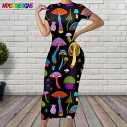 Party Dresses NOISYDESIGNS Colorful Mushroom Printed Women Summer Short Sleeve Dress Fashion Streetwear Bodycon Long Pencil Black