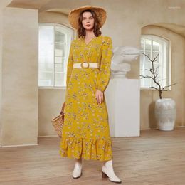 Casual Dresses Dress For Women A-line Printed V-neck Fashion Long- Sleeve Slim Ruffled Elegant Summer Vestidos