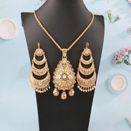 Necklace Earrings Set Elegant Women's Jewelry Gold Plated Large Pendant Moon Shape Moroccan Arabic Woman Bride Sets