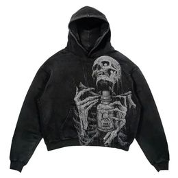 Y2K Harajuku Skull Print Hoodie Sweatshirt Men and Women Ins Street Hip Hop Loose Oversized Hooded Sweater Jacket Streetwear 240126