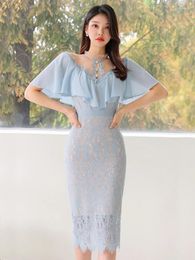 Casual Dresses Korean Fashion Ladies Lace Evening Women Elegant Sweet Sheer Short Sleeve Slim Party Prom Dress Robe Femme Vestidos