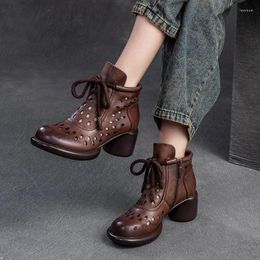 Sandals Johnature Retro Breathable Hollow-out Boots 2024 Spring Summer Genuine Leather Fashion High Heels Women's Shoes