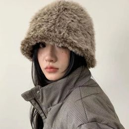 Winter Warm Furry Bucket Hat Rabbit Hair Knitted Cap Plush Fur Plush Couples Hat Women Fisherman Hat Thickened Bucket Hat 240125